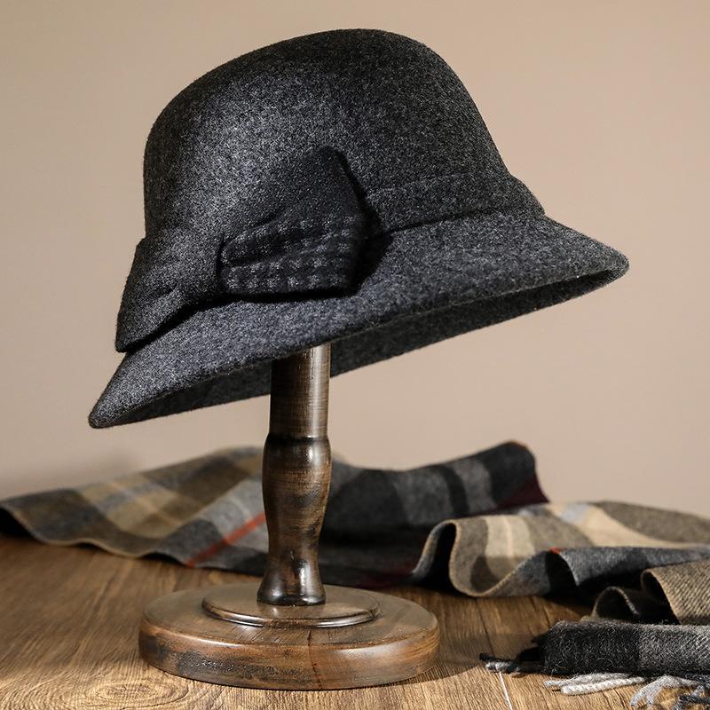 

Autumn and winter new high-end bow lady hat top hat women s fashion versatile woolen basin hat women s hat темно-сірий