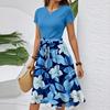 Dámské ležérní módní šaty s páskem, s květinovým potiskem, s krátkým rukávem, s kulatým výstřihem, elegantní