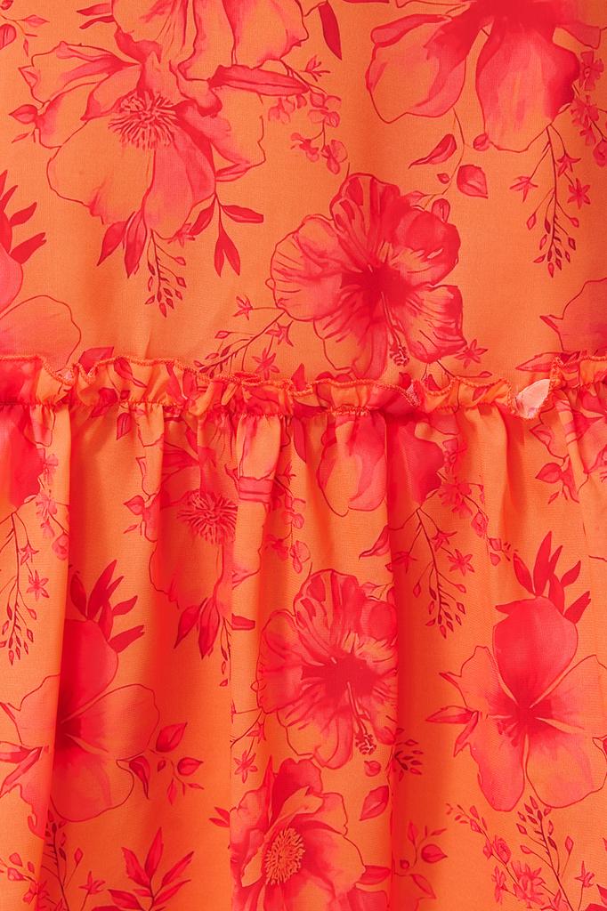 Women's Fashion New Dress Orange Floral Pattern A-Line Halter Neck Lined Midi Woven Dress