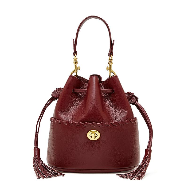 Cowhide Bucket Bag Genuine Leather Women's Bag Tassel Niche Drawstring Single-shoulder Crossbody Bag