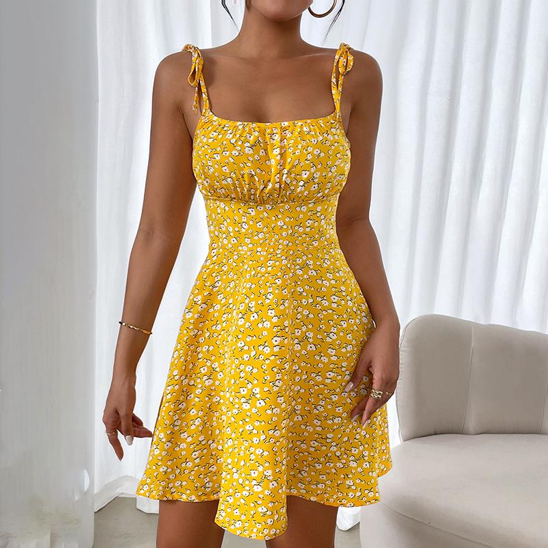French Floral Gradient Spaghetti Strap Dress - Elastic Waist, Summer Vacation Style