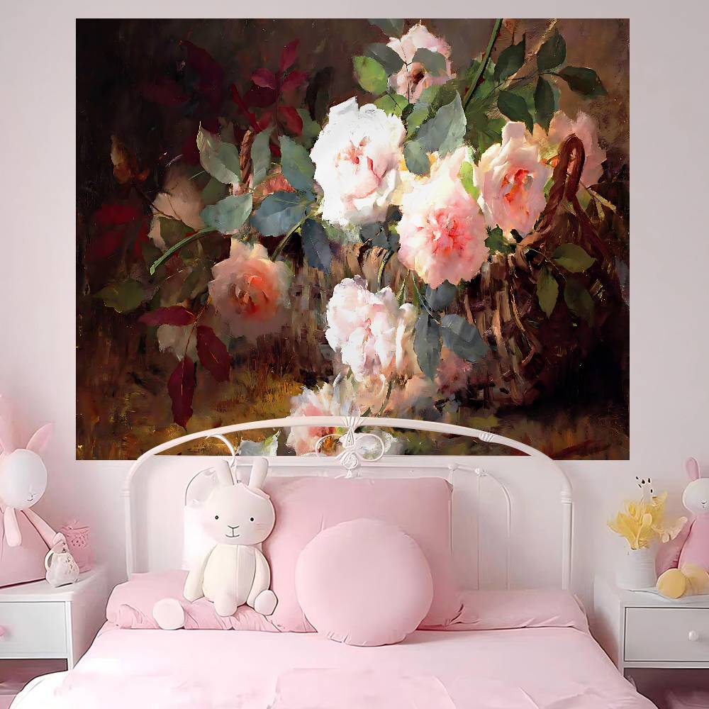 Vintage Flower Oil Painting Colorful Tapestry Wall Hanging Hanging Tarot Hippie Wall Rugs Dorm Wall Art Decor