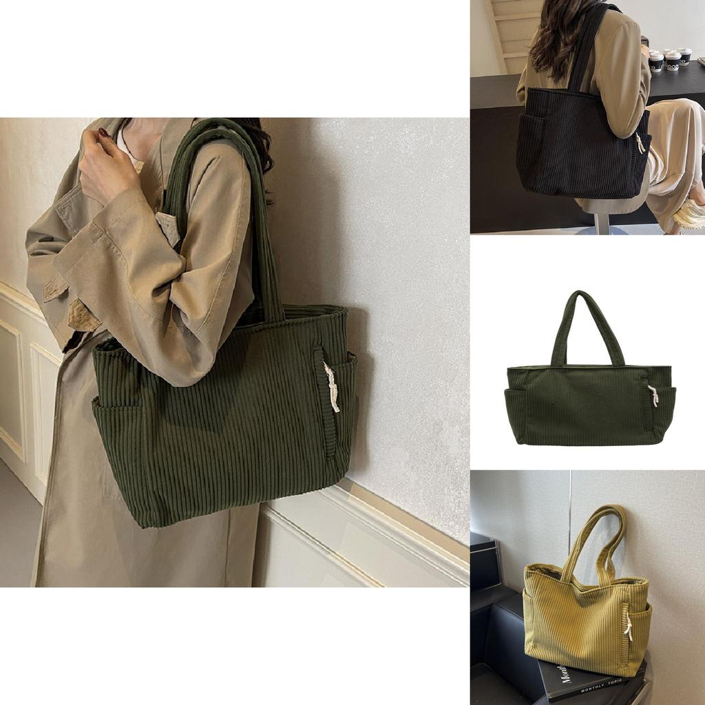 Simple Solid Color Large Capacity Women Corduroy Shoulder Tote Bag For Daily Use