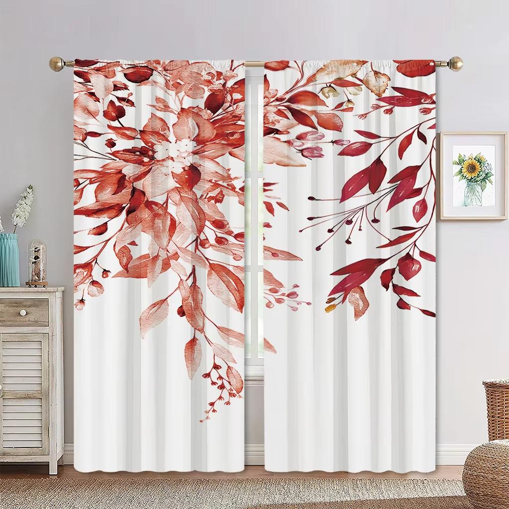 2 Panels European Pastoral Style Minimalist Wind Plant Curtains, Green Leaf Flower Curtains for Living Room, Bedroom, Decorative