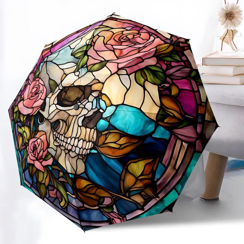 

1pc Stained Glass Skull Roses Automatic Open/Close Umbrella - Compact Travel Umbrella, Gift for Birthday, Holiday yy260106028