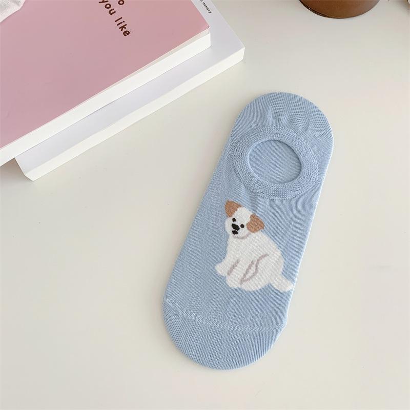 Spring and Summer Cute Little Animal Boneless Boat Socks for Girls, Cartoon School Style Pure Cotton Short Tube Anti-slip Invisible Socks