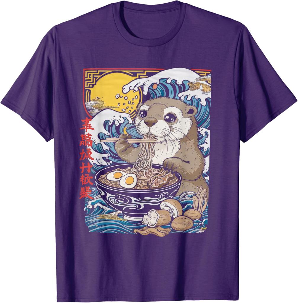 Otter Eating Ramen Graphic Tee Cute Japanese Wave Anime Style TShirt Casual Comfort