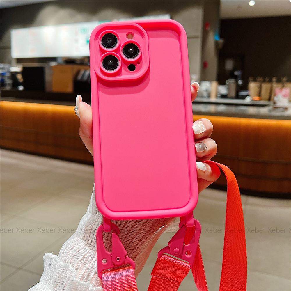 INS Crossbody Necklace Lanyard Soft Silicone Holder Case For iPhone 16 14 11 12 13 15 Pro Max XS X XR 8 7 Plus Solid Color Cover
