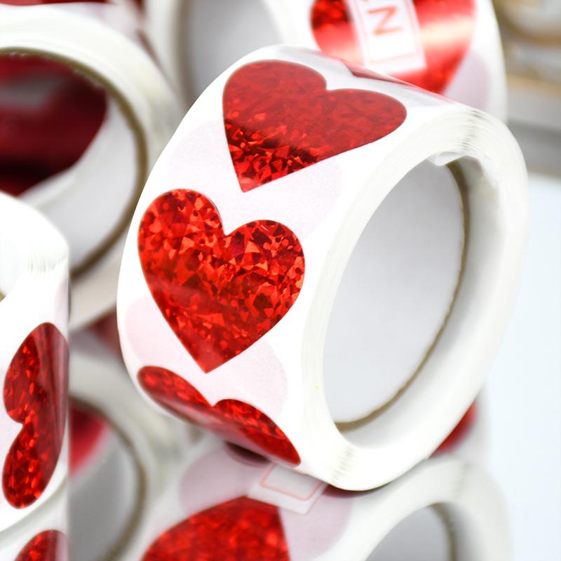 300Pcs/roll Sparkle Heart Stickers Red Love Scrapbooking Adhesive Sticker for Valentines Day Wedding Gift Box Bag Decoration 1''