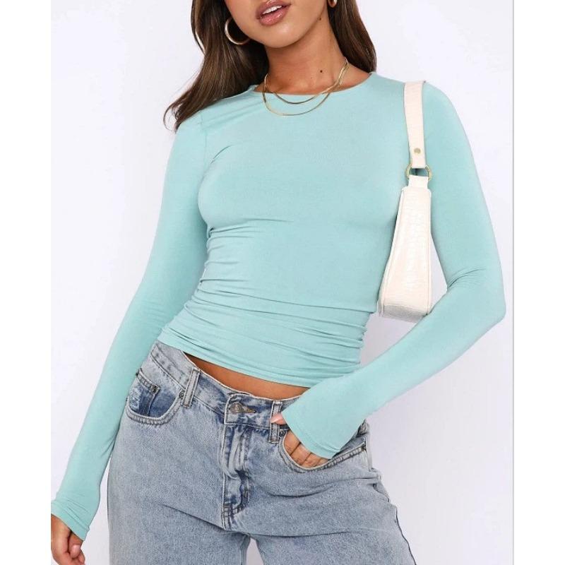 Women's Casual Long Sleeve T-Shirt Spring and Autumn Solid Color Slim Fit Pullover Bottoming Shirt Top