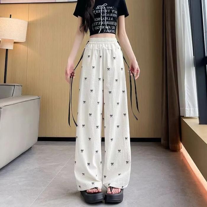 Women s Bow Print Wide-Leg Lace Trim Pants - Korean Style Spring/Summer Lace-Up Trousers XL