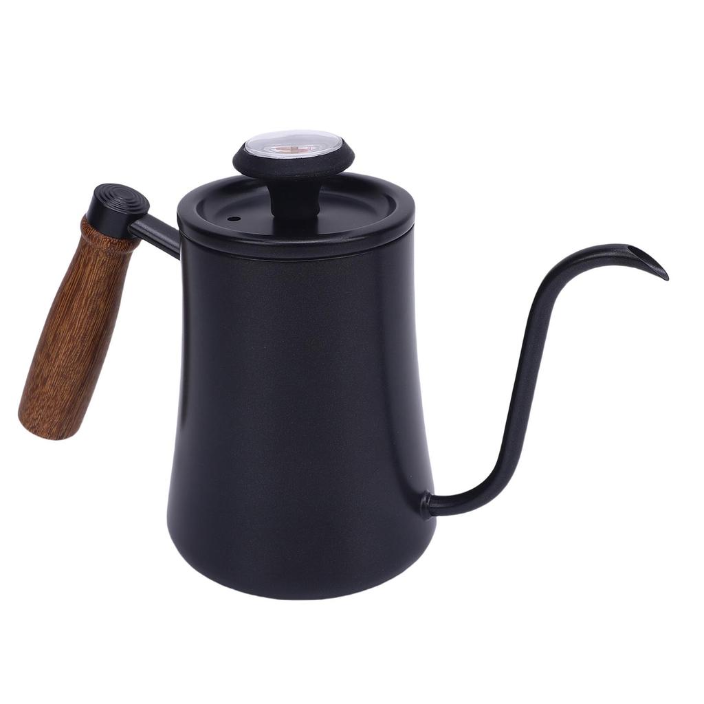 600ML Kaffebryggningskanna 304 Rostfritt Stål Vattenkanna med Temperaturmätare Trähandtag Lång