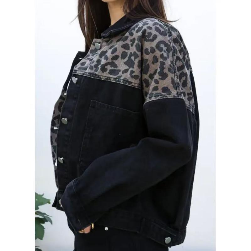 GMXIA Jachetă de denim de toamnă iarnă Jachetă de denim cu mânecă lungă pentru femei Patchwork cu imprimeu leopard