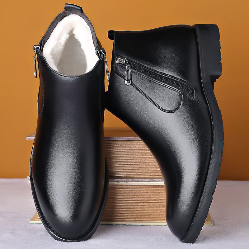 [Leather wool] Winter new cotton shoes men's piled thickened warm high-top shoes inner heightening leather shoes