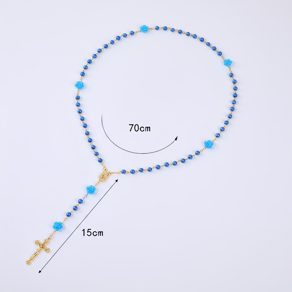 Religion Rosary Necklace For Women Crucifix Cross Pendant 6MM Long Glass Beads Rose Chain Choker Female Prayer Jewelry Gift