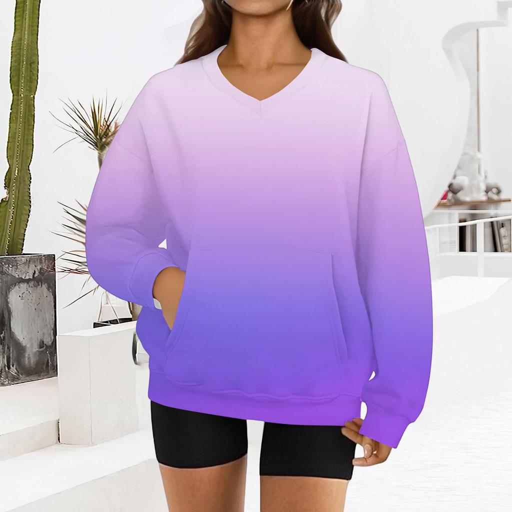 Damenmode Sweatshirt mit Farbverlaufdruck, langen Ärmeln und V-Ausschnitt