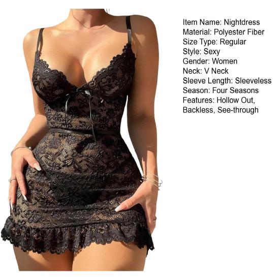 Women Nightdress V Neck Hollow Out Floral Embroidery Backless Sleeveless Slim Fit Nightwear Ruffle