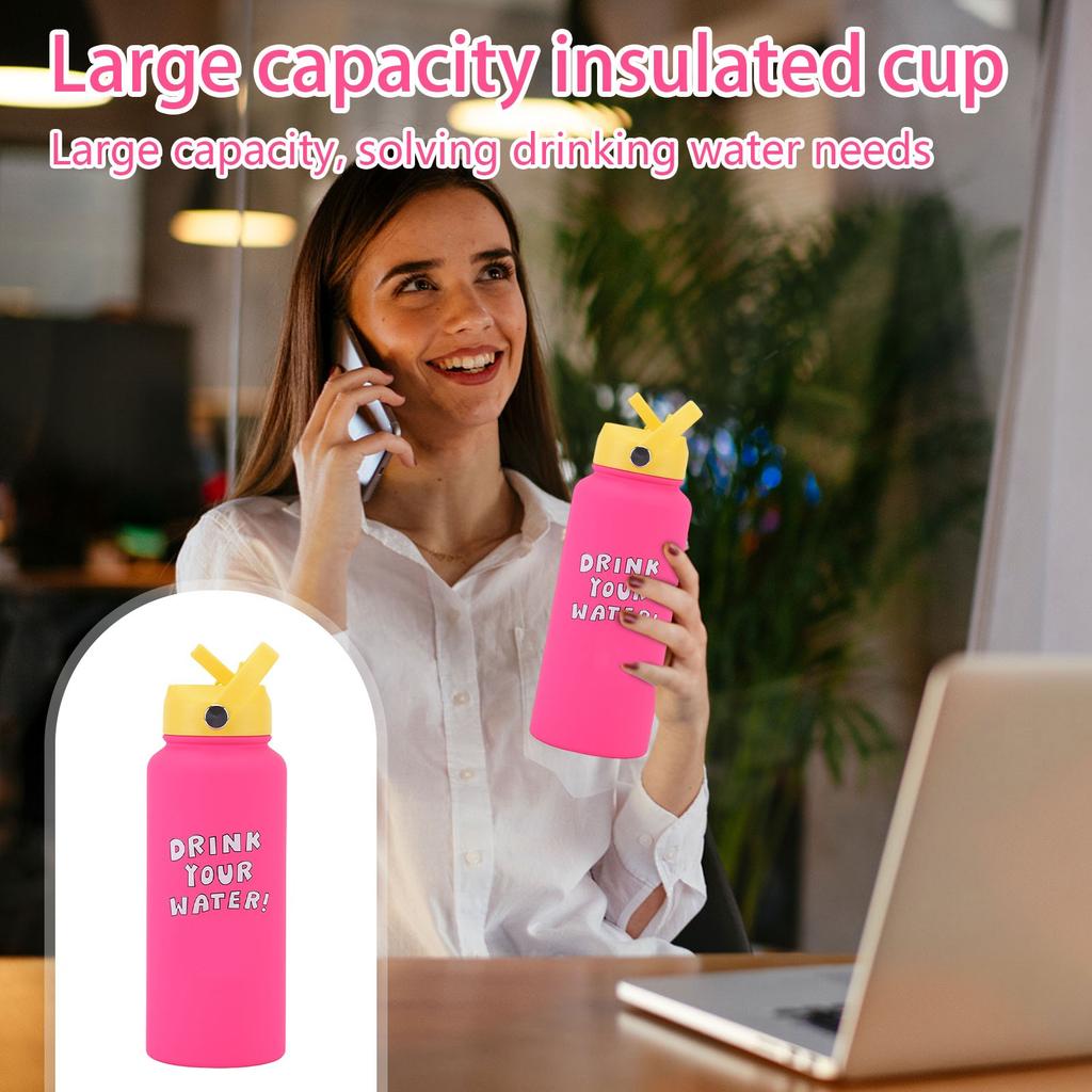 Sports Kettle Stainless Steel 1L Large Capacity Printed Large Mouth Insulated Cup Portable Handle Straw Water Cup