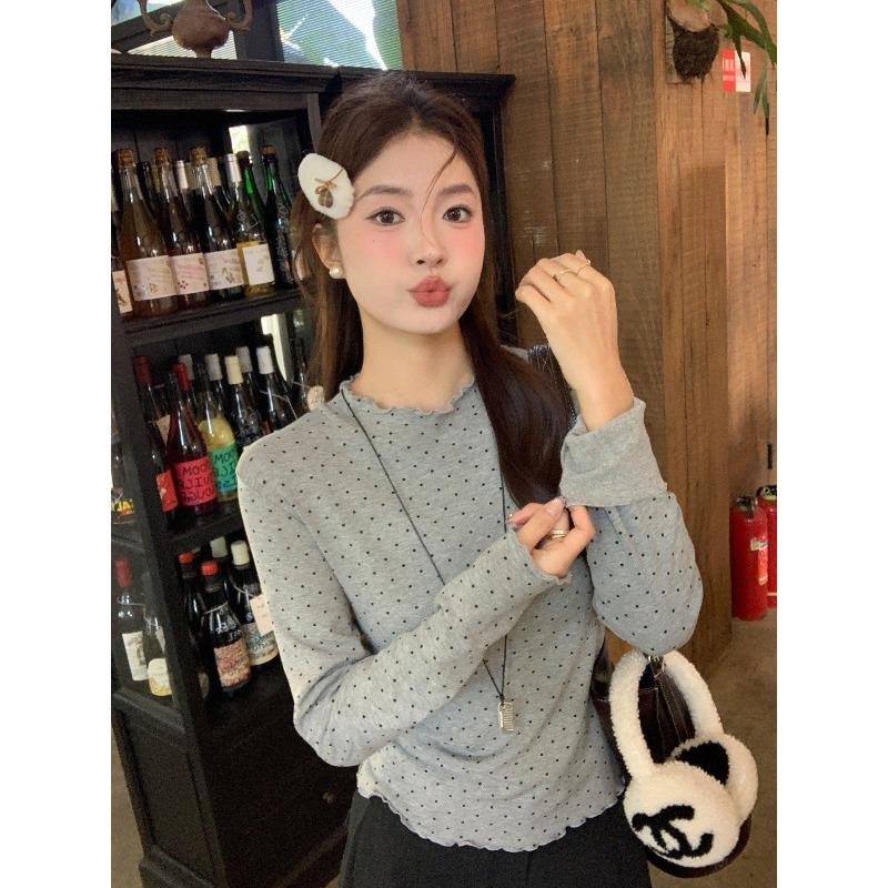 Semi-turtleneck Velvet Thickened Good-looking Korean Bottoming Shirt Women's Inner Winter New Long-sleeved Shirt Premium Polka Dot Top