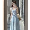 French Gentle Wind Blue Lace Suspender Dress Women's Summer Seaside Vacation Wind Waist Chic Long Dress