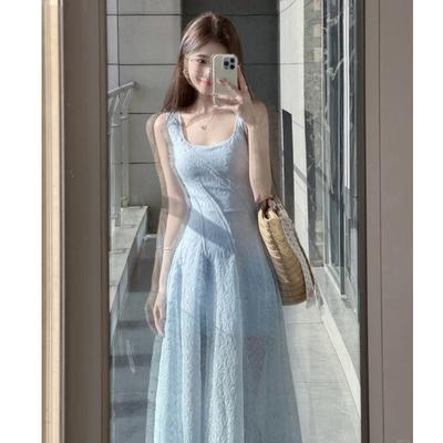 French Gentle Wind Blue Lace Suspender Dress Women's Summer Seaside Vacation Wind Waist Chic Long Dress
