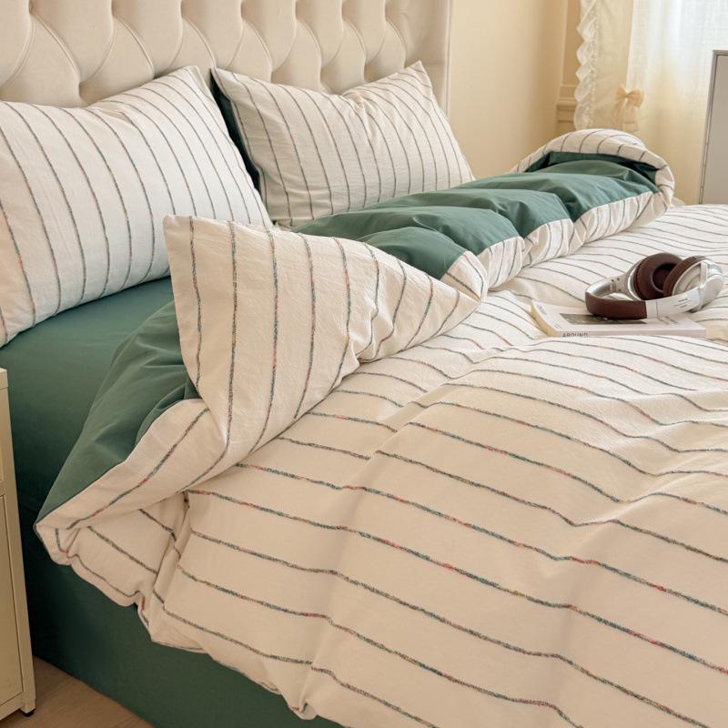 All-Cotton Chenille Jacquard 4-Piece Set: Striped Duvet Cover, Bed Sheet, Fitted Sheet - Simple Washed Cotton Design