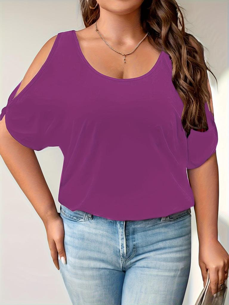 Women's Plus Size Off-the-Shoulder Short Sleeve T-Shirt - Solid Color, Spring/Summer 2025, Japanese Korean Style