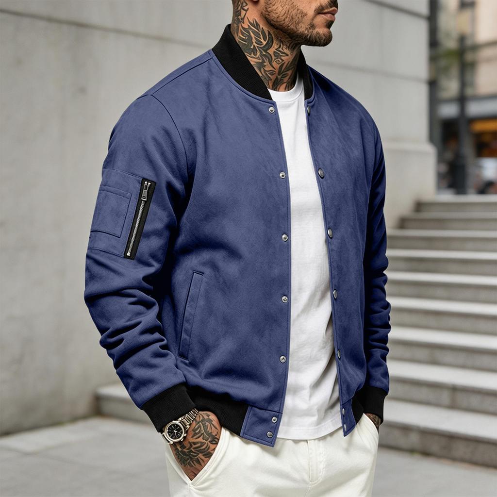 Men's Jacket with Stand Collar Long Sleeve Button Front Color Casual Cardigan Coat