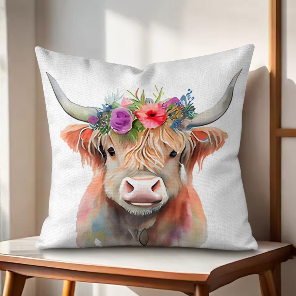 

Highland cow flower Cushion Cover Natural Linen Organic Fabric DoubleSided Printing Couch Pillow Covers Home Decor Gift 30cmx30cm