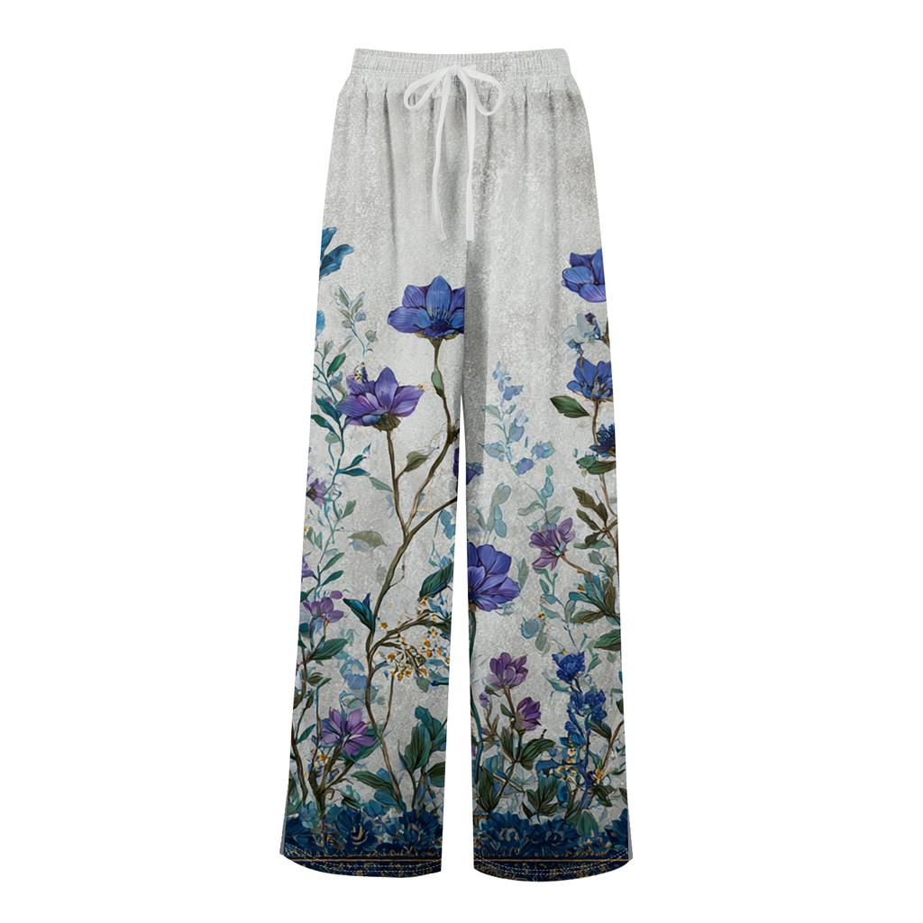 Dámské letní kalhoty Boho Palazzo s vysokým pasem a širokými nohavicemi s květinovým potiskem ležérní kalhoty s kapsami