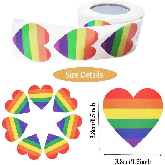 2 Roll Gay Pride Stickers Rainbow Heart Shaped Tape LGBT Sticker for Pride Parades Festival Party Decoration (1000 Pcs)