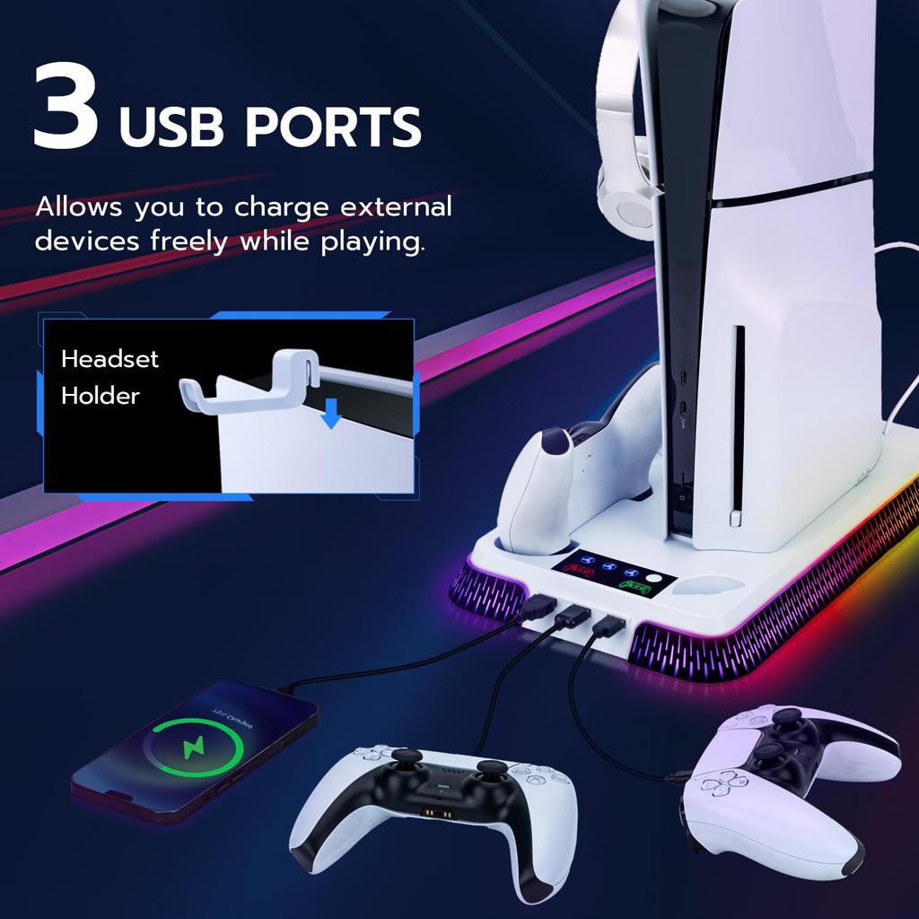 Mcbazel PS5 Slim Compatible Cooling Fan Dual Controller Charging Station with RGB Lighting and Headset Compatible with Both Disc and Digital Cooling