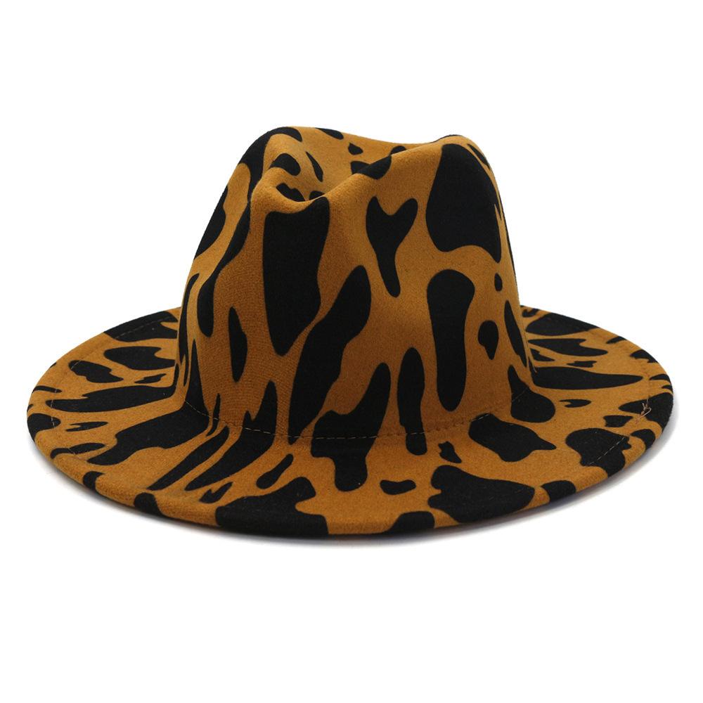New Six-Color Cow Pattern Top Hat, Men'S And Women'S Color Matching Woolen Big Eave Hat, Jazz Hat, Stage Felt Hat