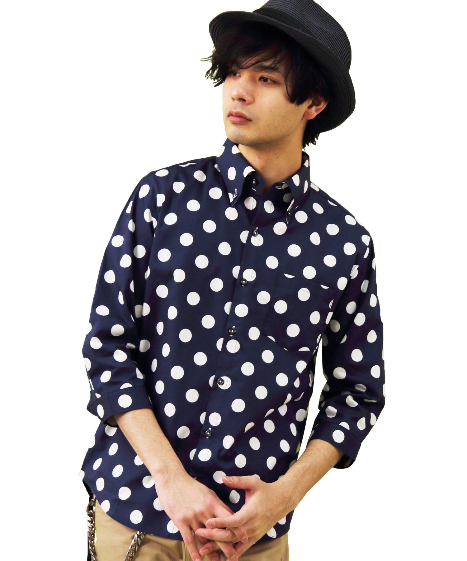 

Рукав в горошек, сделанный в темно-синем цвете M 8(8) рубашка, рубашка 3/4, хлопок, Япония, синий, B,