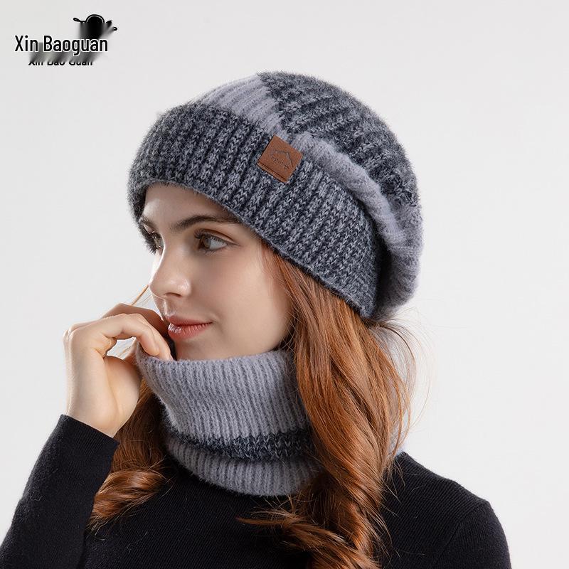 North American Women's Winter Two-Piece Set: Two-Color Knit Hat & Velvet Scarf, Warm Ear Protection
