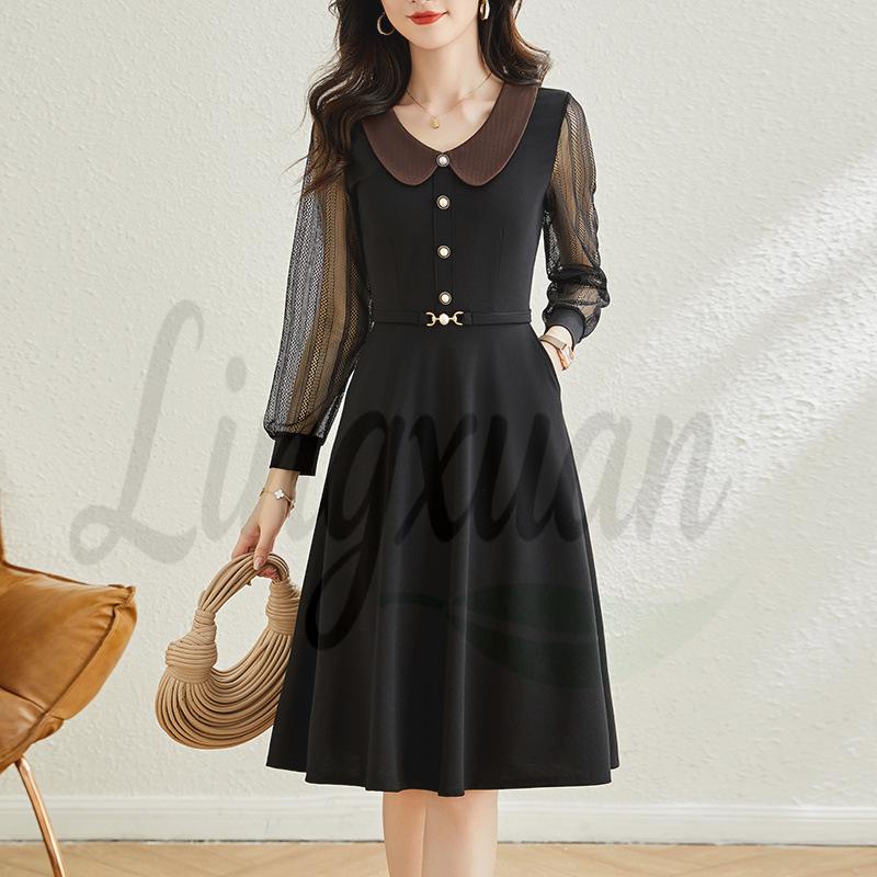 

Elegant Lace Hollow Two-Piece Long Sleeve Slimming Plus Size Midi Dress for Spring/Autumn 2XL чорний