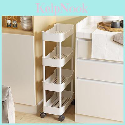 Minimalistischer schmaler 4-stöckiger Aufbewahrungswagen aus Kunststoff für Badezimmer, Küche und Schrankorganisation