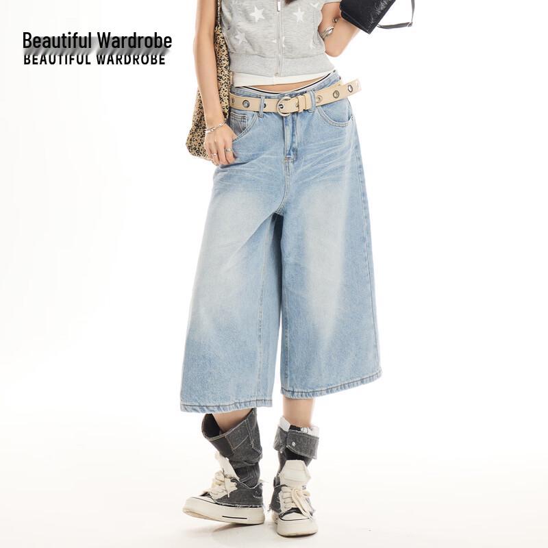 Beautiful Wardrobe Women s Vintage Washed High-Waist Wide-Leg Cropped Jeans XS