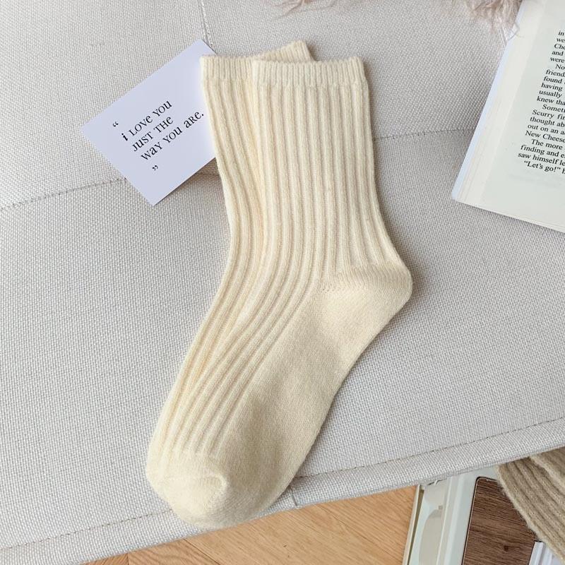 Women's Japanese Style Wool Socks, Thick Mid-Calf, Solid Color, Versatile, Warm for Autumn & Winter