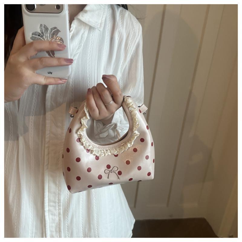 Polka Dot PU Leather Bag with Detachable Strap Lace Ruffled Handle Cute Bow Casual Purse for Daily Use