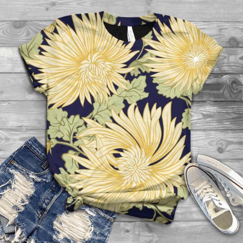 Damen Sommer Europäisch und Amerikanisch Neu 3D Freizeit Kunst Design Blumen Bedrucktes T-Shirt