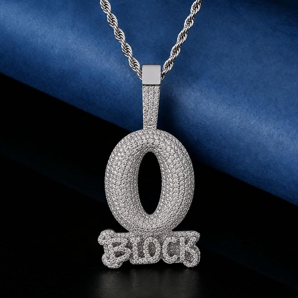 Iced Out 18K Gold Plated O BLOCK Letter Pendant Necklace for Men Streetwear Hip Hop Jewelry Ganku