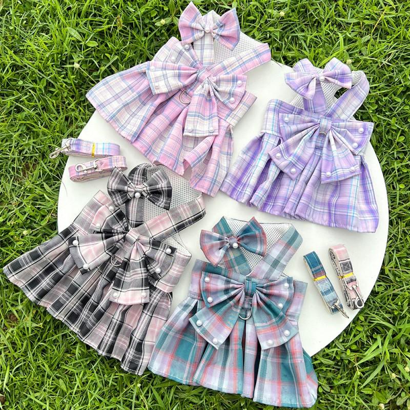 Pet JK Plaid Dress With Harness Loop Small Dogs Cats Teddy Bichon Corgi