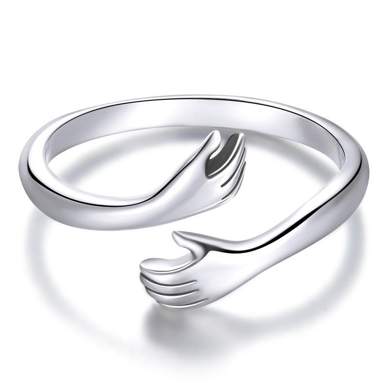 Sølvfarge Klem Varme og Kjærlighet Hånd Justerbar Ring for Kvinner Festsmykker Hans store Loving Hugs Ring