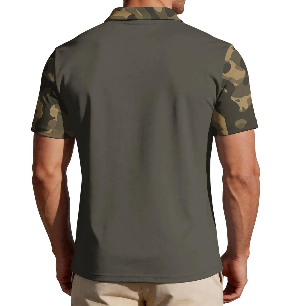 Men's Loose Fit Casual Short Sleeve Polo Shirt with Digital Camouflage Sleeves and Printed Flag Graphic 250 Years Commemorative Design