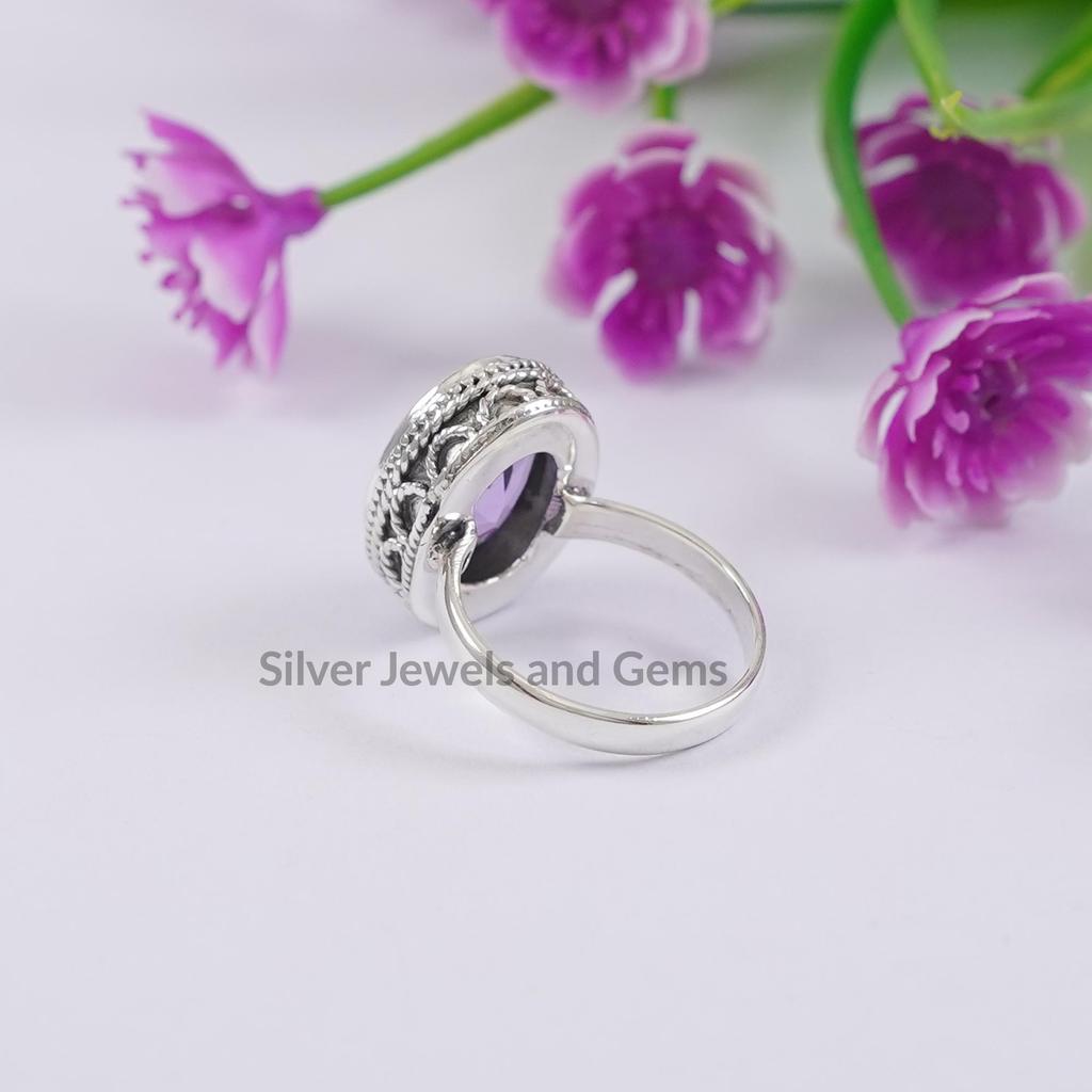 Natural Amethyst Ring, Handmade Boho Ring, 925 Sterling Silver Ring, Oval Gemstone Ring, February Birthstone Ring, Designer Ring