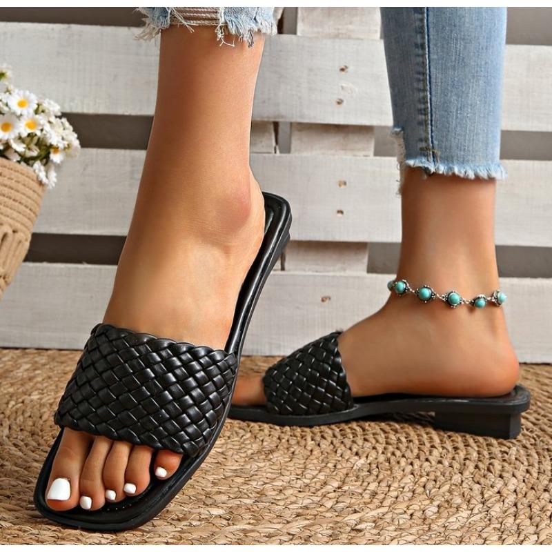 Fashion New Women's Slippers Summer Selling Sexy Braided Red Square Toe Flat Flip-Flops Fashion Beach Mules Casual Indoor Home Slippers
