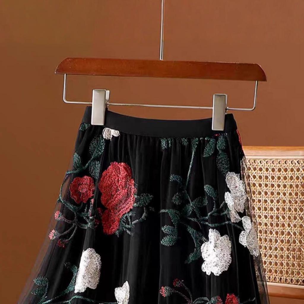 Women's Ethnic Embroidered Floral Mesh A-Line Midi Skirt