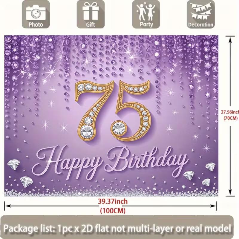 Elegant 75th Birthday Backdrop, Glamorous Purple Design with Diamond-Encrusted Number 75 and Sparkles, Festive Milestone Party Wall Decor