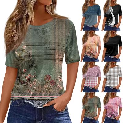 T Shirts For Women Pleated Round Neck Dressy Casual Blouses Printing Short Sleeve Summer Tops Loose Fit